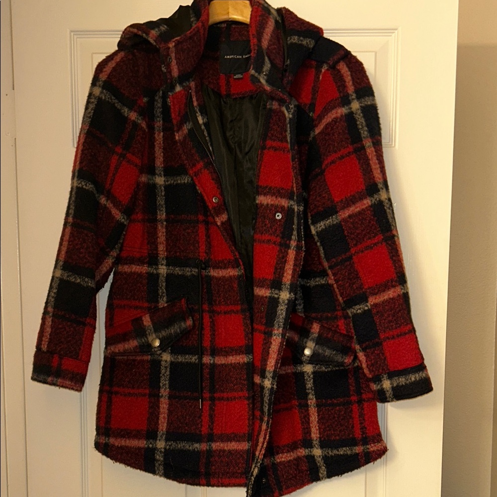 Forever 21 Red and Black Plaid Pea Coat